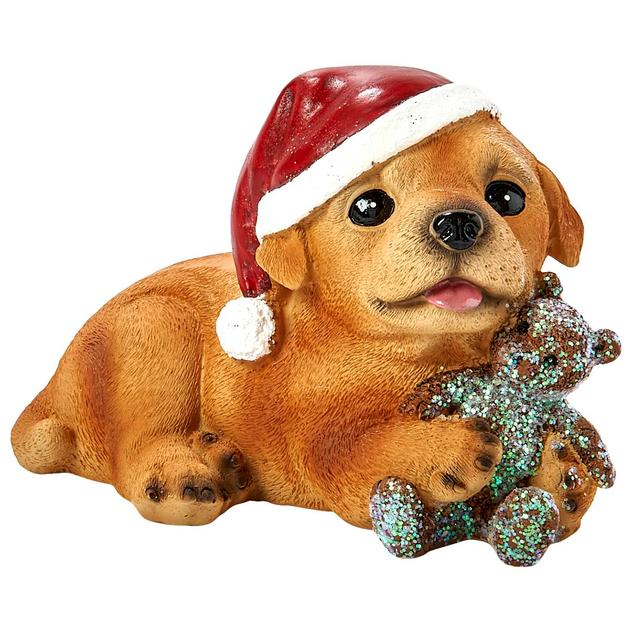 Resin Dog w/ Santa Hat & Teddy Bear
