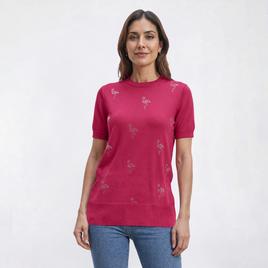 Womens Nanette Lepore Short Sleeve Bedazzled Flamingo Sweater