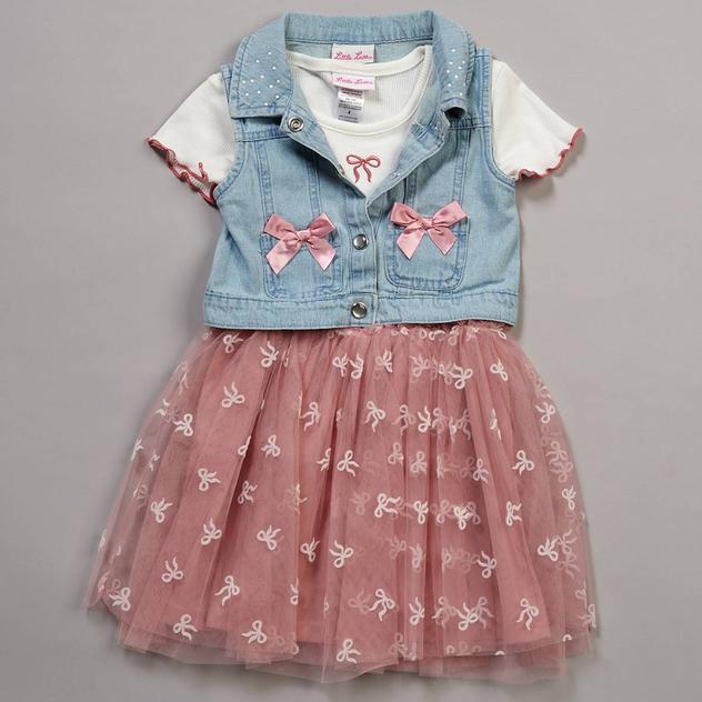 Girls (4-6x) Little Lass® 2pc. Denim Vest & Bow Mesh Dress