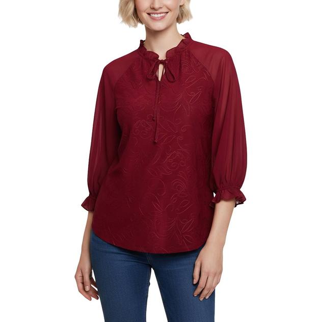 Womens NY Collection 3/4 Sleeve Ruffle Tie Neck Blouse