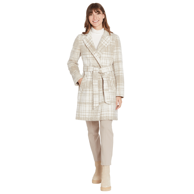 Womens Nine West Plaid Faux Wool Coat With Belt