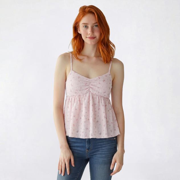 Juniors Pink Rose Crinkle Knit Babydoll Camisole with Bra Cups