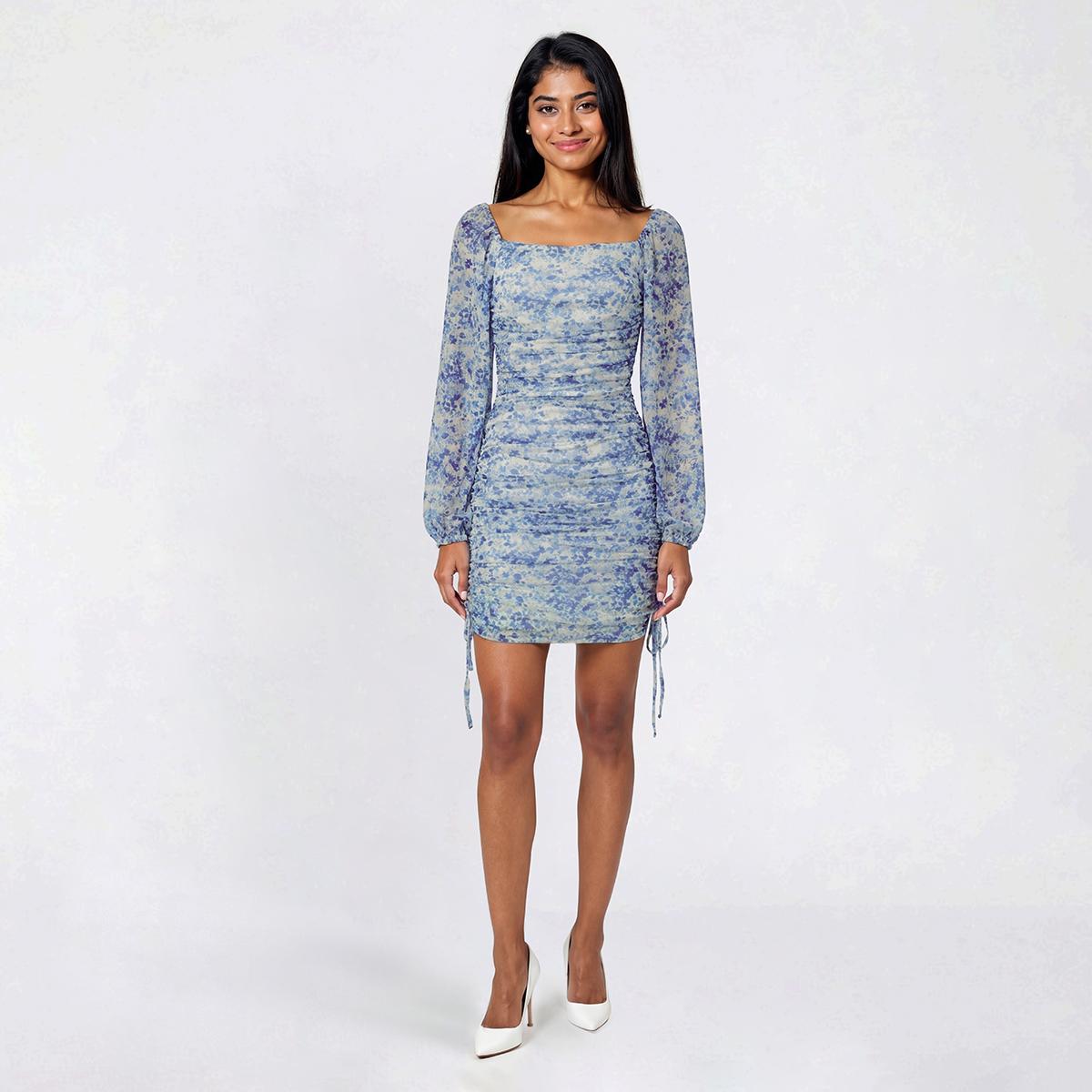 Juniors Jump Long Sleeve Print Chiffon Square Neck Sheath Dress
