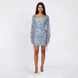 Juniors Jump Long Sleeve Print Chiffon Square Neck Sheath Dress