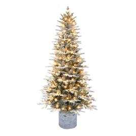 Puleo International 7.5ft. Pre-Lit Flocked Artic Fir Potted Tree