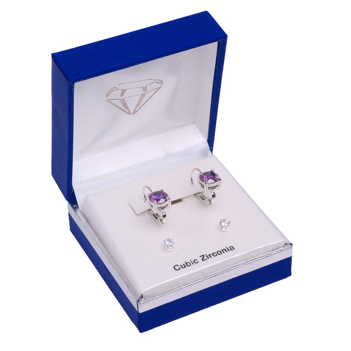 Silver-Tone Amethyst CZ Amethyst Leverback Duo Earrings