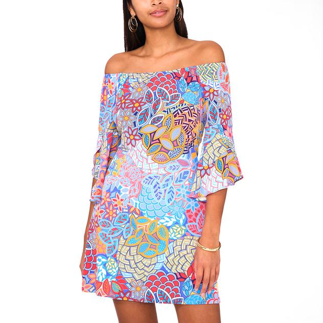 Womens MSK Off Shoulder Abstract Ruffle Bell Sleeve Dress