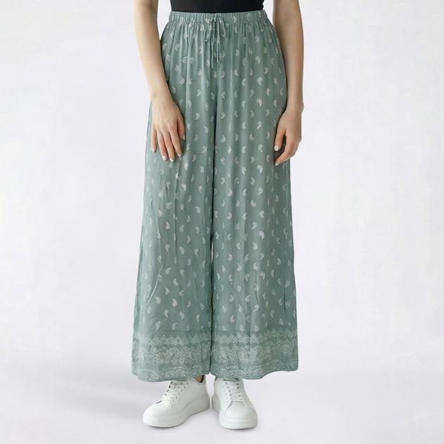 Juniors Pink Rose Paisley Challis Wide Leg Drawstring Pants -Sage