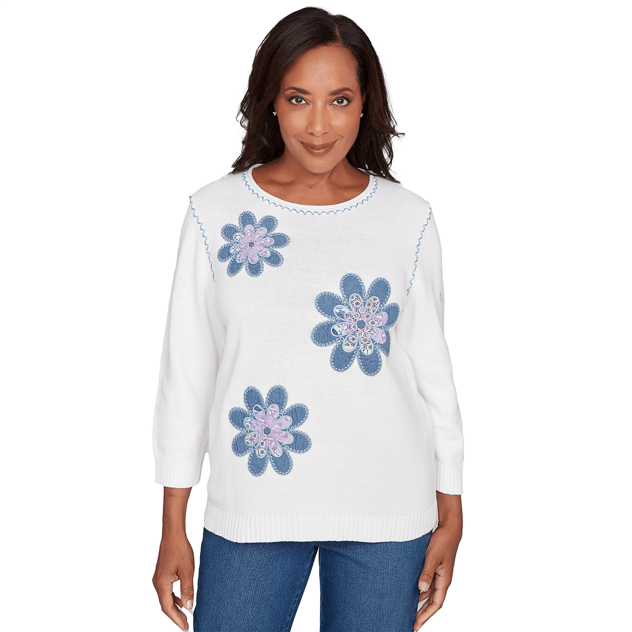 Petite Alfred Dunner Hilton Head Denim Floral Sweater