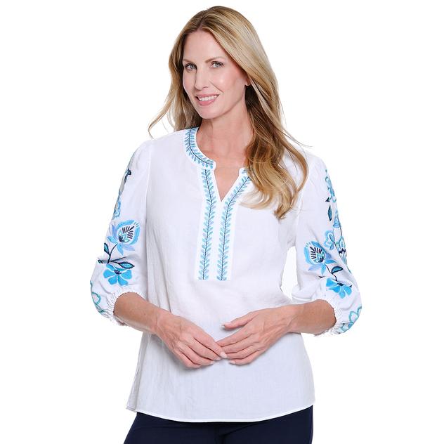 Petite Multiples 3/4 Floral Embroidered Sleeve Split Neck Blouse