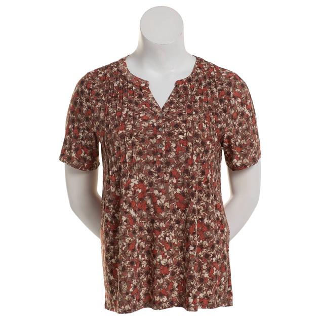 Plus Size Napa Valley Short Sleeve Camo Floral Knit Henley Blouse