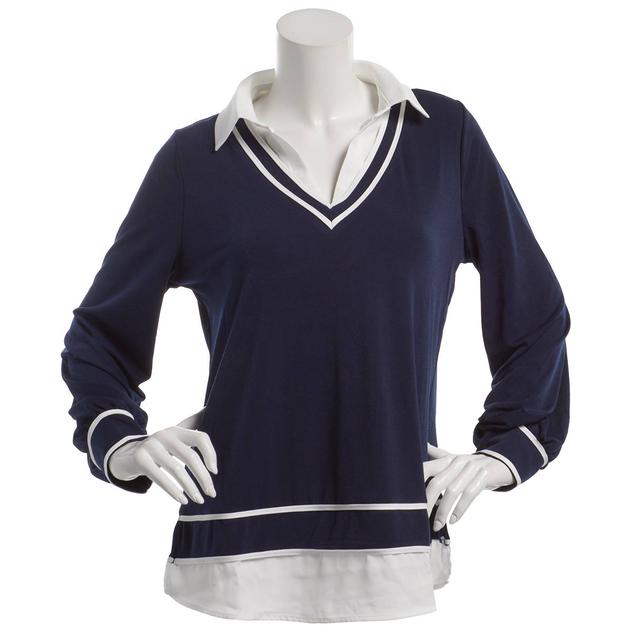 Womens Adrianna Papell Long Sleeve Woven Collar Two in One Blouse