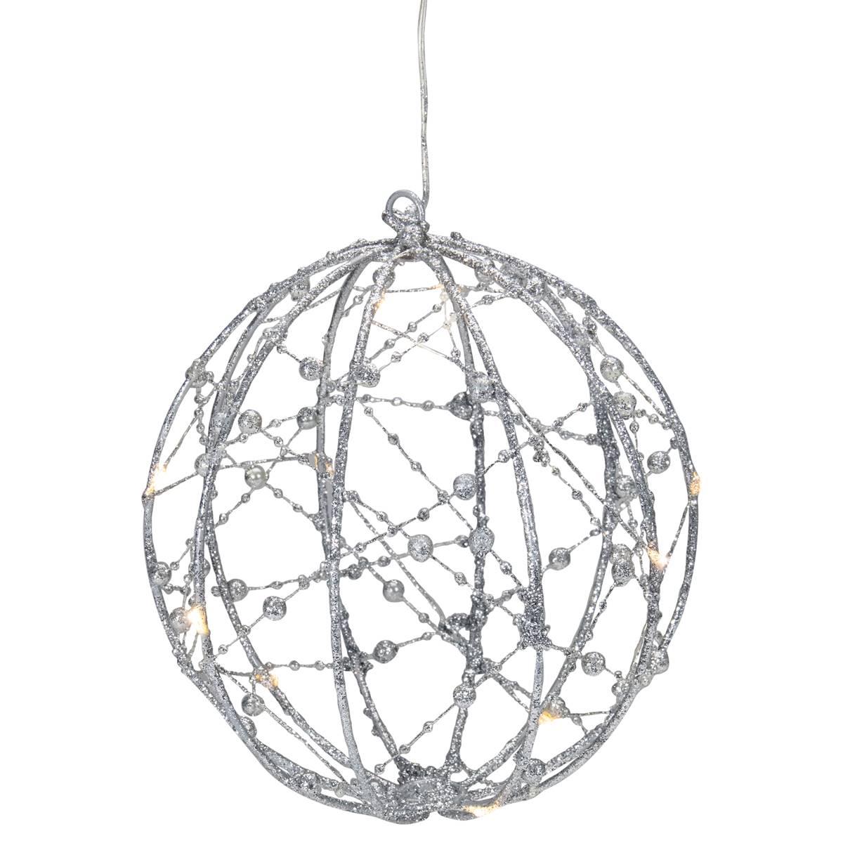 8 LED Lighted Silver Wired Christmas Hanging Ball Decoration - W