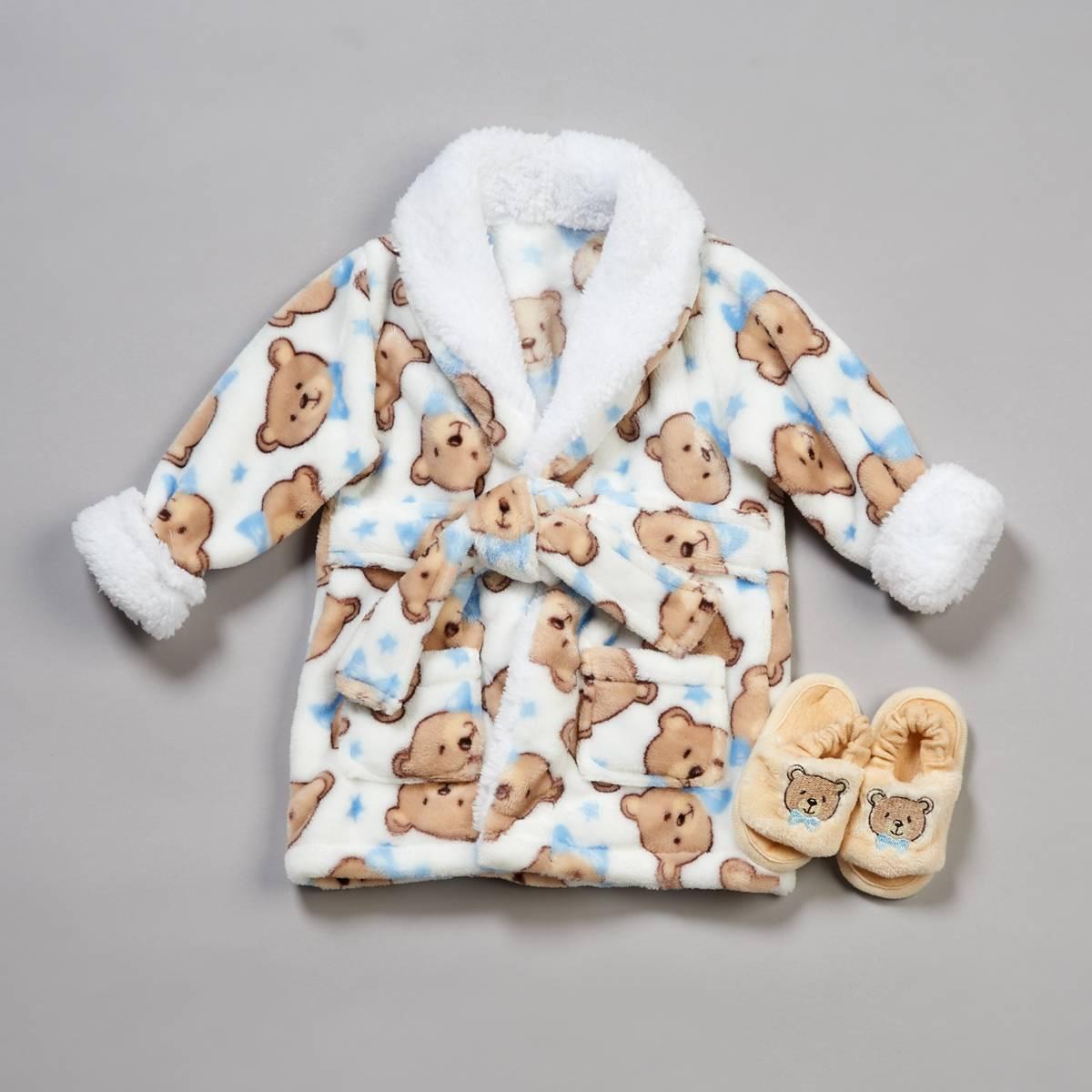 Baby Boy Little Celebrity(tm) Bears & Stars Flannel Robe w/ Slippers