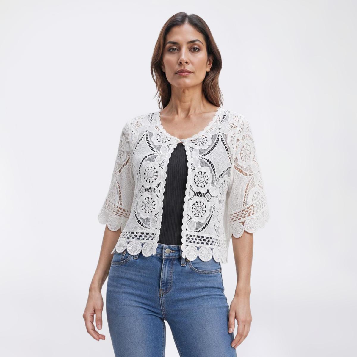Womens Rabbit Rabbit Rabbit Elbow Sleeve Diamond Lace Shrug