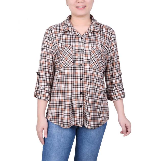 Petite NY Collection Plaid Double Pocket Casual Button Down