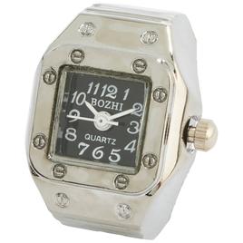 Womens Silver-Tone Black Square Dial Quart Ring Watch - RWSBV-01