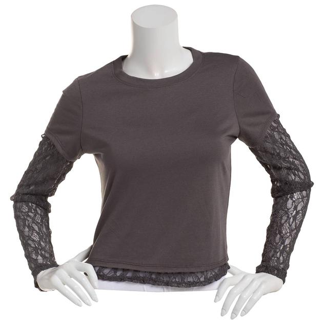 Juniors No Comment Layered Lace Sleeve Tee