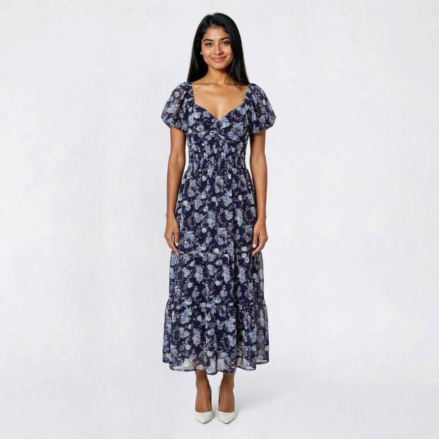Juniors Trixxi Puff Sleeve Floral Twist Front Tier Midi Dress