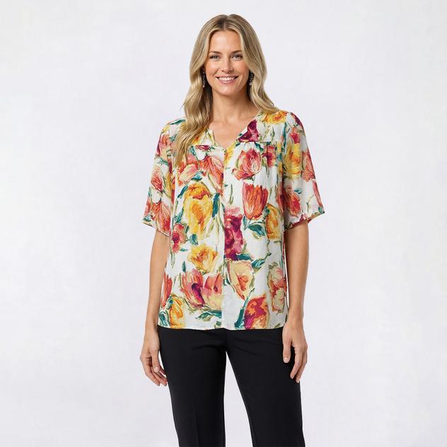 Womens Nicole Miller Elbow Sleeve Floral Keyhole Neck Blouse