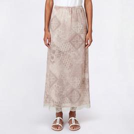 Juniors Pink Rose Print Mesh Rosette Midi Skirt- Sage