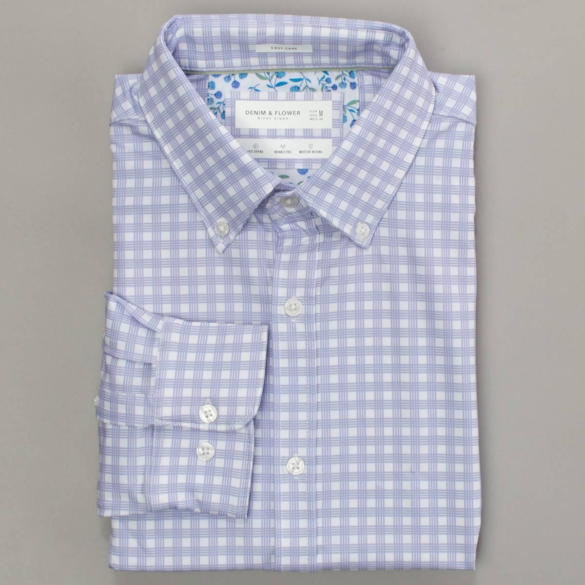 Mens Denim & Flower Checkered Dress Shirt - White/Grey
