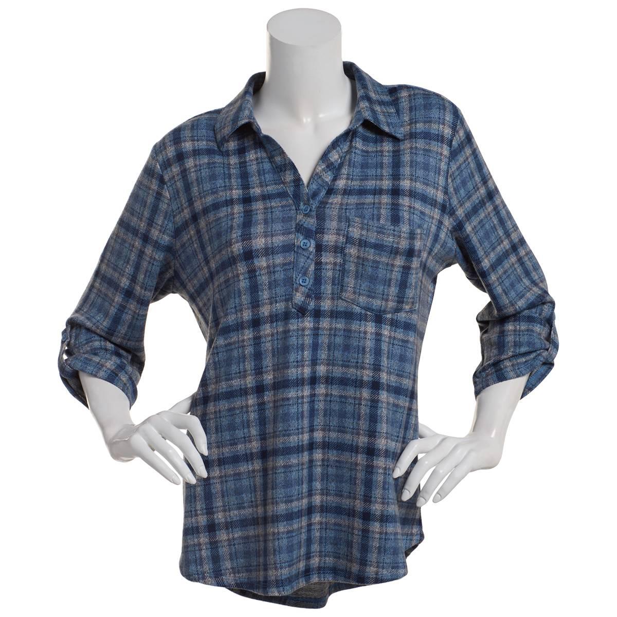 Plus Size Emily Daniels 3/4 Sleeve Plaid Hacci Blouse - Denim