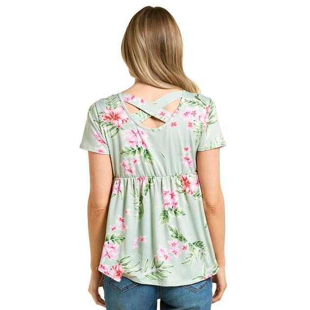 Womens Due Time Short Sleeve Floral Crossback Maternity Top- Sage