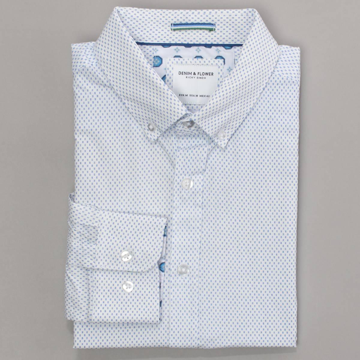 Mens Denim & Flower Long Sleeve Dress Shirt - White/Blue