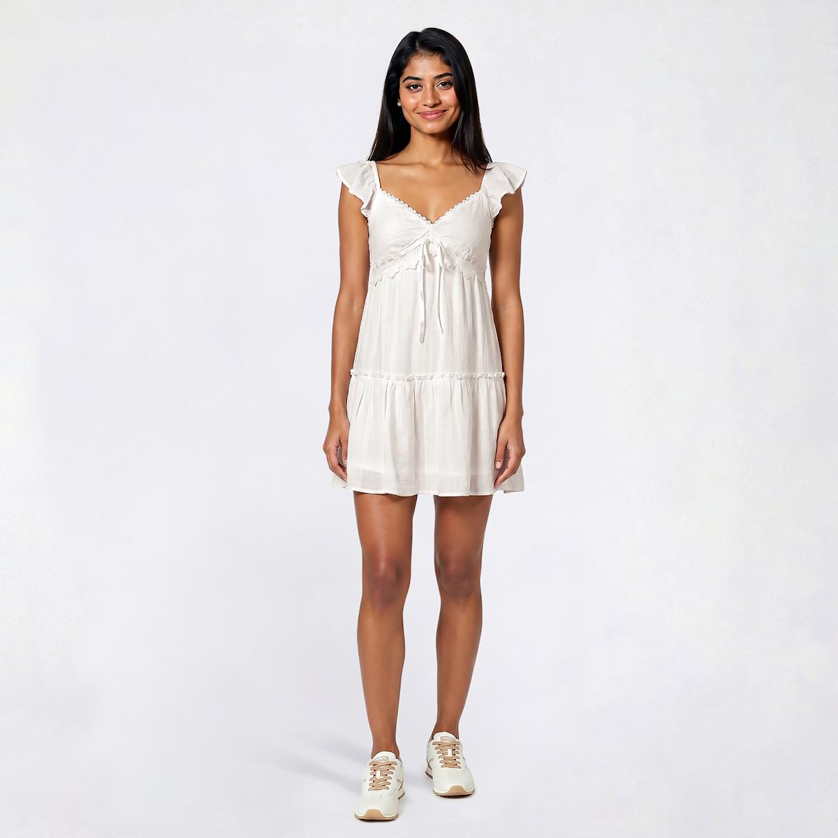 Juniors Trixxi Stripe Lace Trim Flutter Sleeve Skater Dress