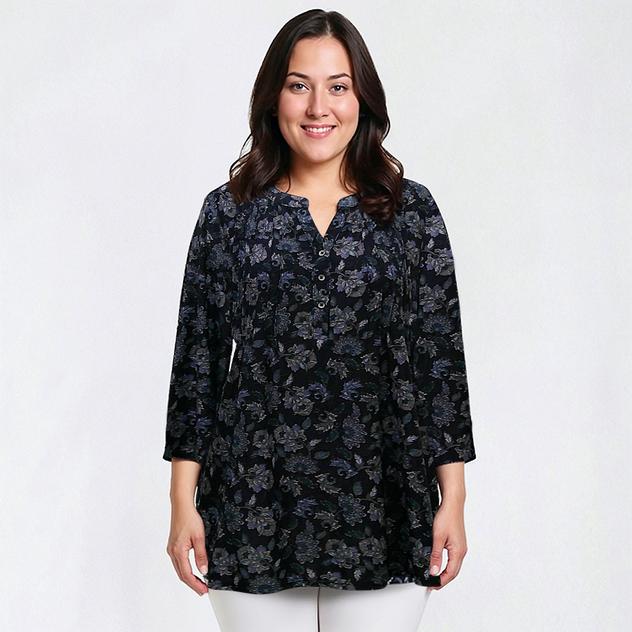 Plus Size Napa Valley Floral Pleat Knit Henley Blouse