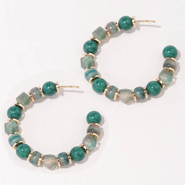 Ashley Cooper™ Shiny Gold-Tone Green Beaded J Hoop Earrings