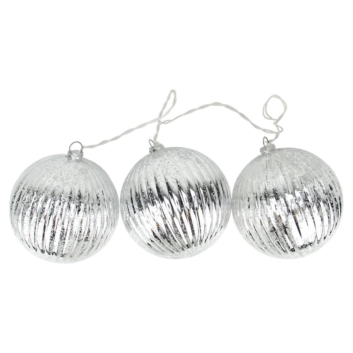PENN 3pc. Lighted Silver Glass Ribbed Ball Christmas Ornaments
