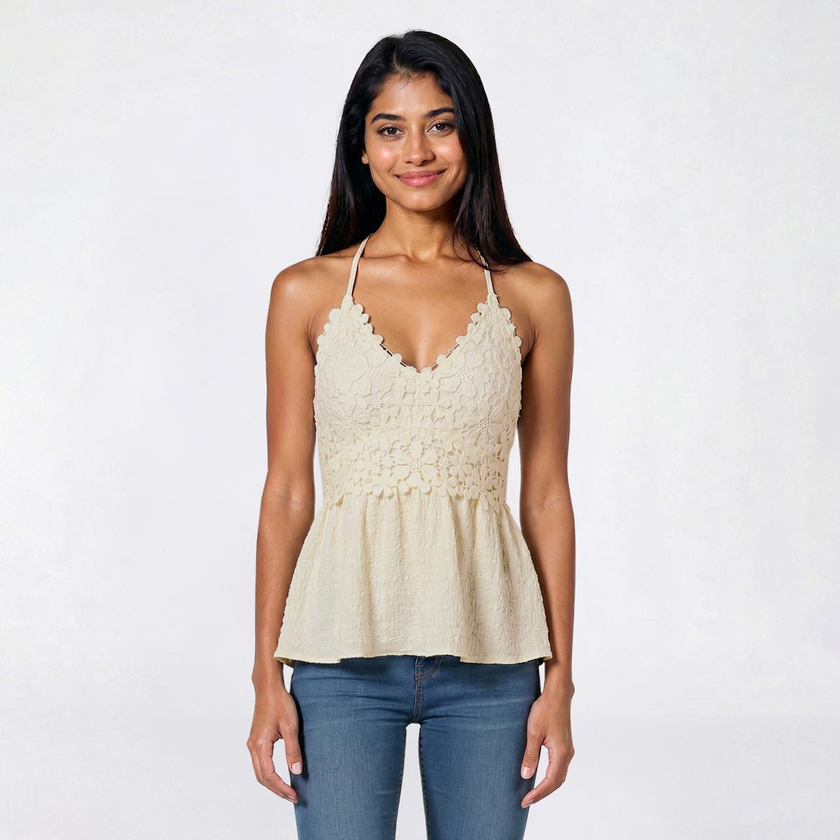 Juniors Derek Heart Pucker Knit Floral Lace Bodice Halter Top
