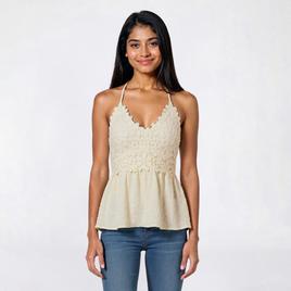 Juniors Derek Heart Pucker Knit Floral Lace Bodice Halter Top