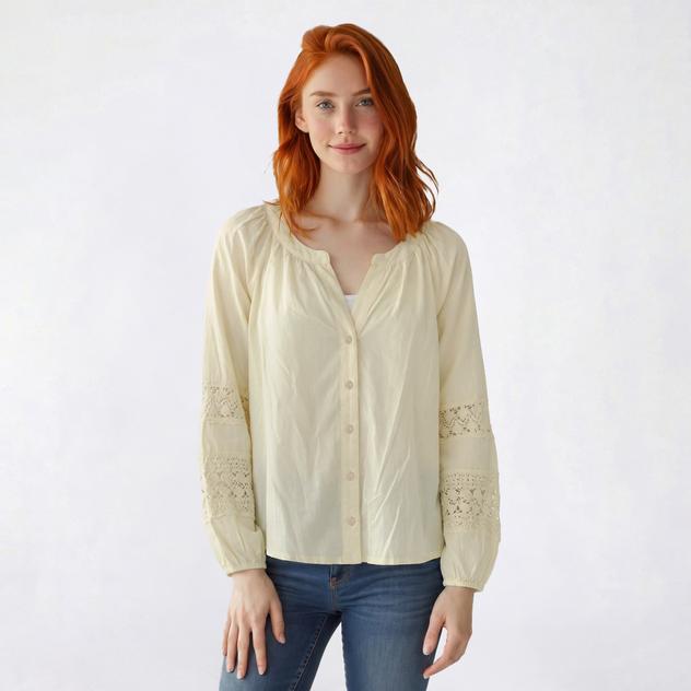 Juniors Wallflower Long Sleeve Elodie Gauze Lace Button Up Top