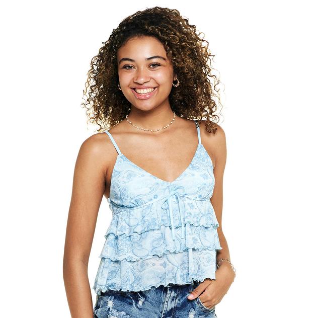 Juniors Pink Rose Paisley Mesh V-Neck Tier Babydoll Camisole