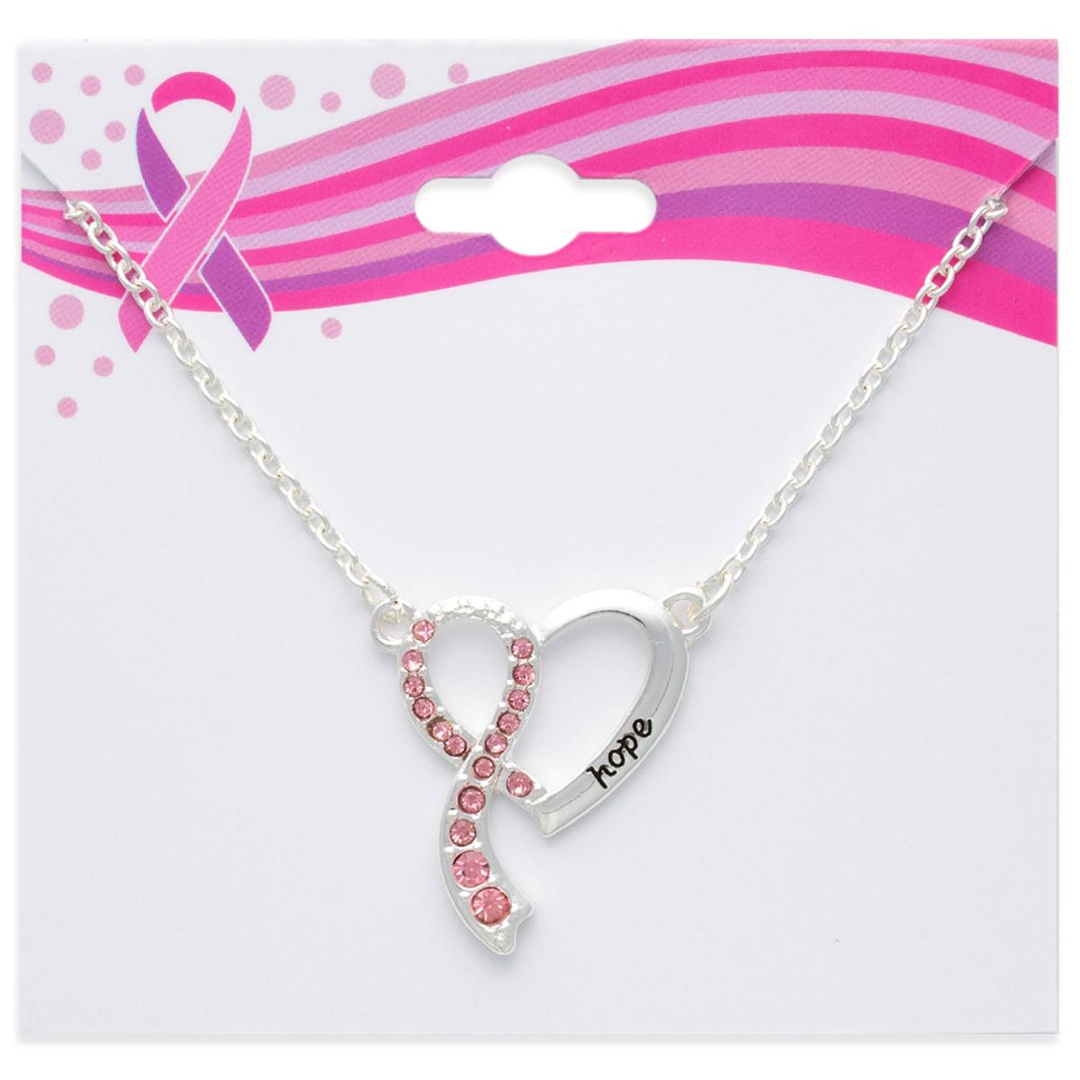 Breast Cancer Awareness Silver Heart w/ Pink Rhinestone Necklace