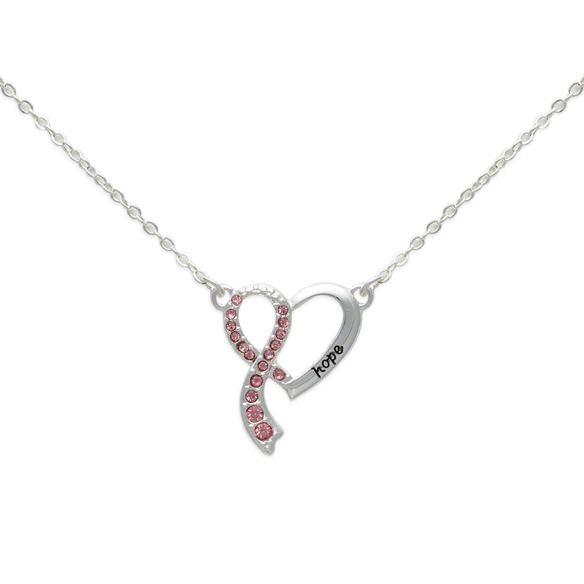Breast Cancer Awareness Silver Heart w/ Pink Rhinestone Necklace