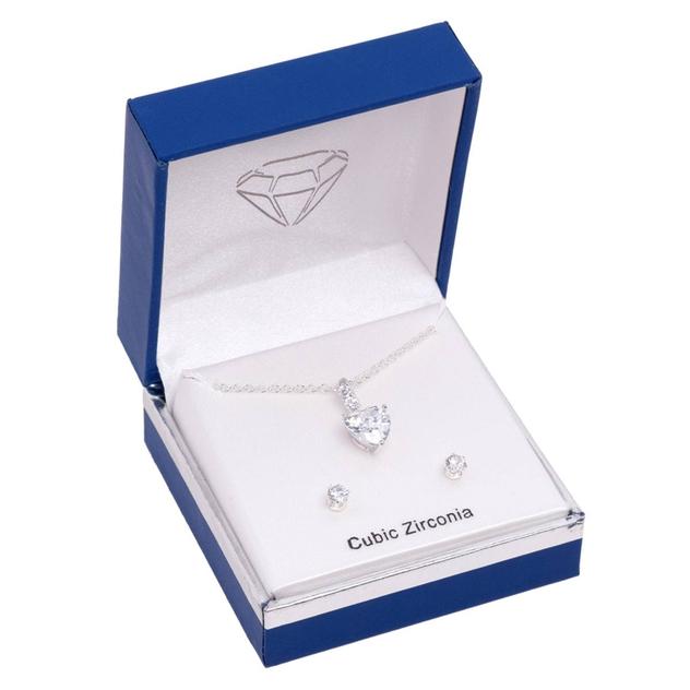 Silver-Tone CZ Heart Pendant & Round Stud Earrings Set