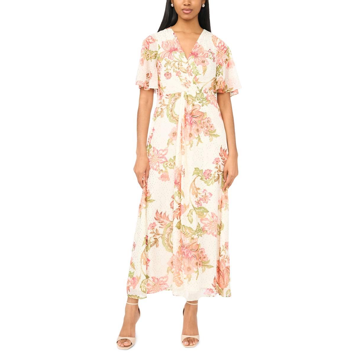 Womens MSK Flutter Sleeve Foil Print V Neck Chiffon Maxi