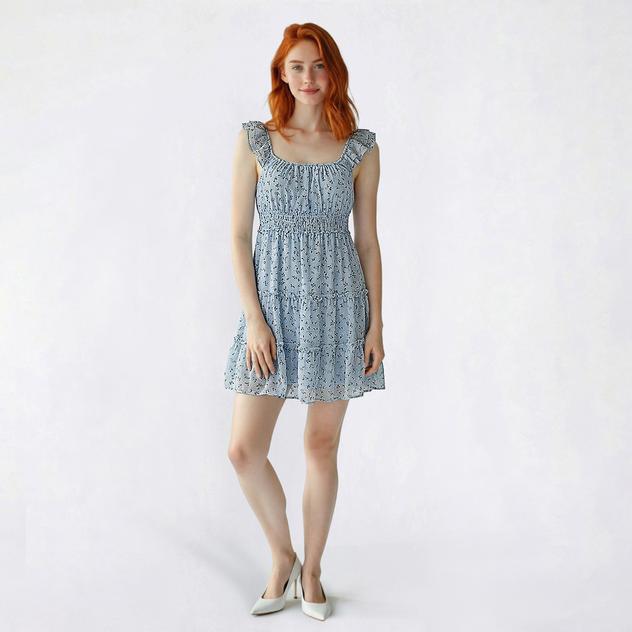 Juniors No Comment Blue Floral Ruffle Tiered Skater Dress