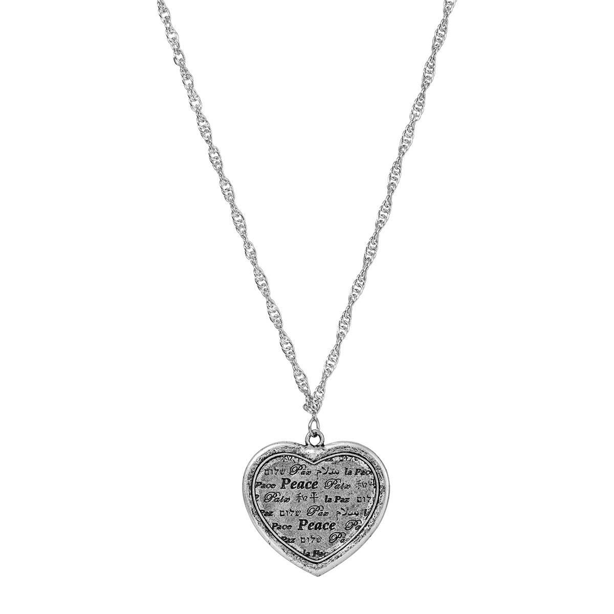 1928 Pewter Multi-Language Peace Heart Medallion Necklace