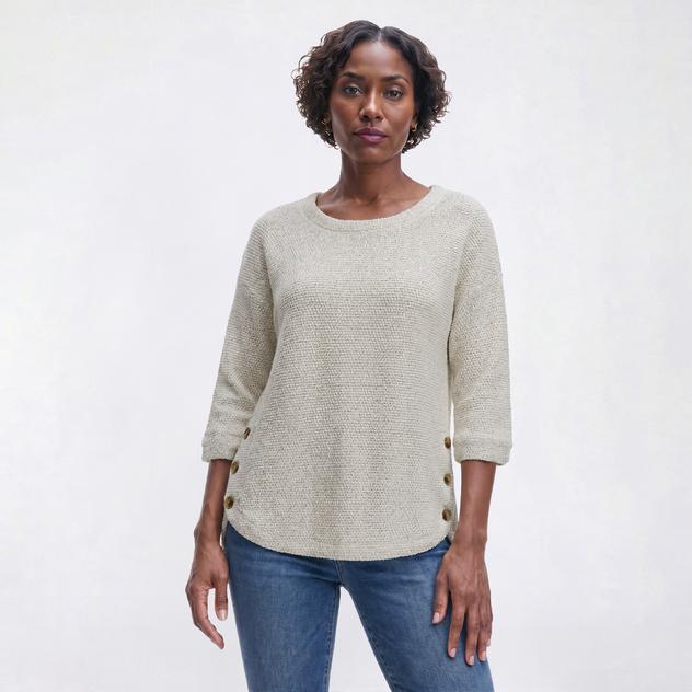 Womens Robert Louis 3/4 Sleeve Round Neck Side Button Sweater