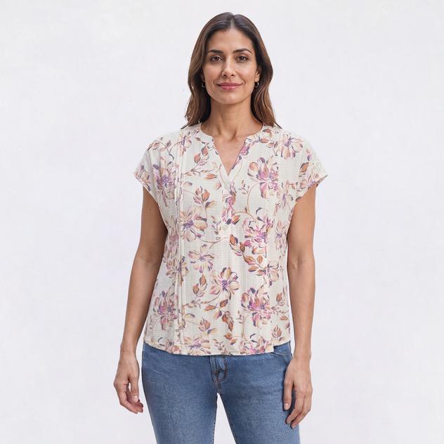 Womens Como Blu Dolman Sleeve Split Neck Henley Floral Blouse