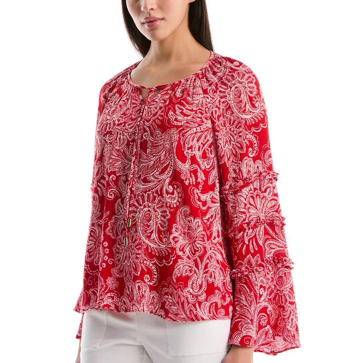 Womens Rafaella® Long Bell Sleeve Paisley Tie Neck Blouse
