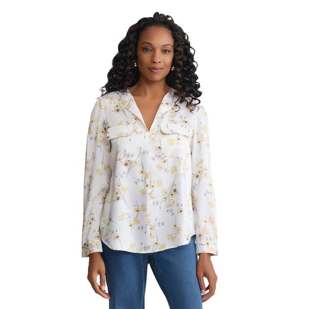 Womens Jones New York Long Sleeve V Neck Sunflower Blouse