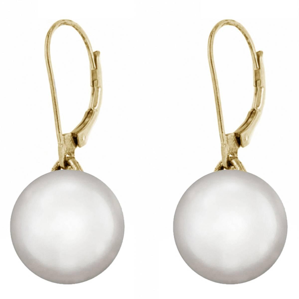 Gold over Sterling Silver Pearl Dangle Leverback Earrings