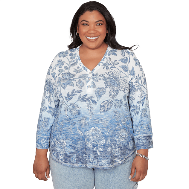 Plus Size Alfred Dunner Out Of The Blue Floral Ombre Henley Tee