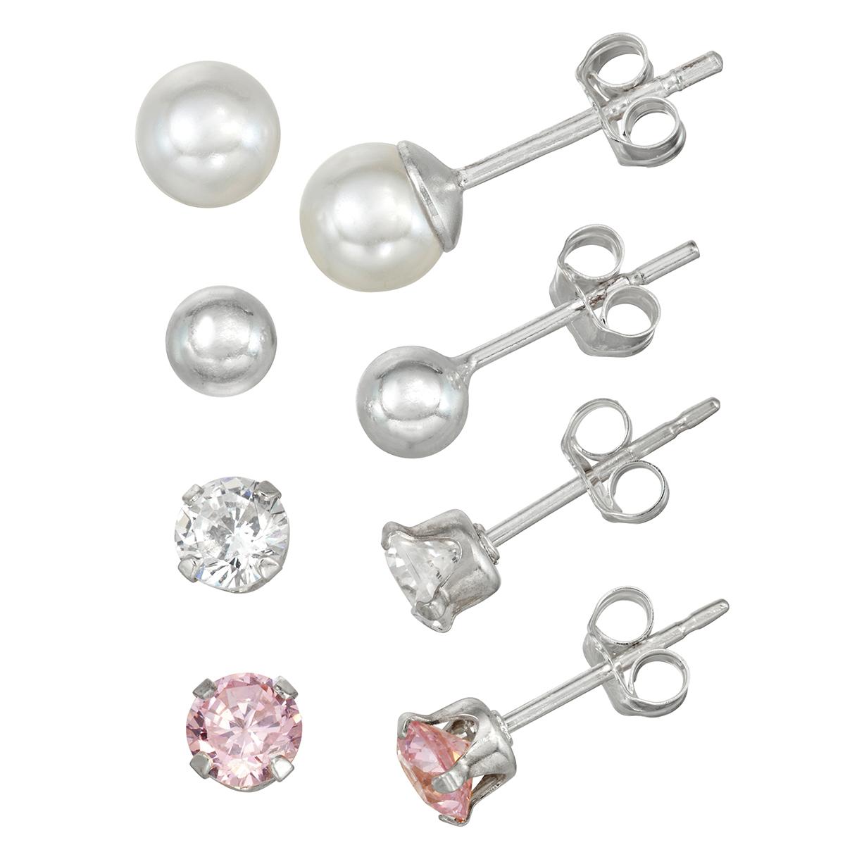 Sterling Silver 4pc. Pearl Ball & Cubic Zirconia Stud Earrings